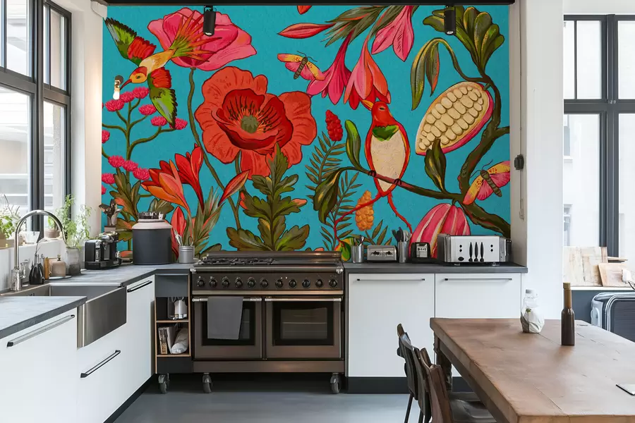 Шпалери Декоративні квіти та птахи на синьому тлі w05036v3