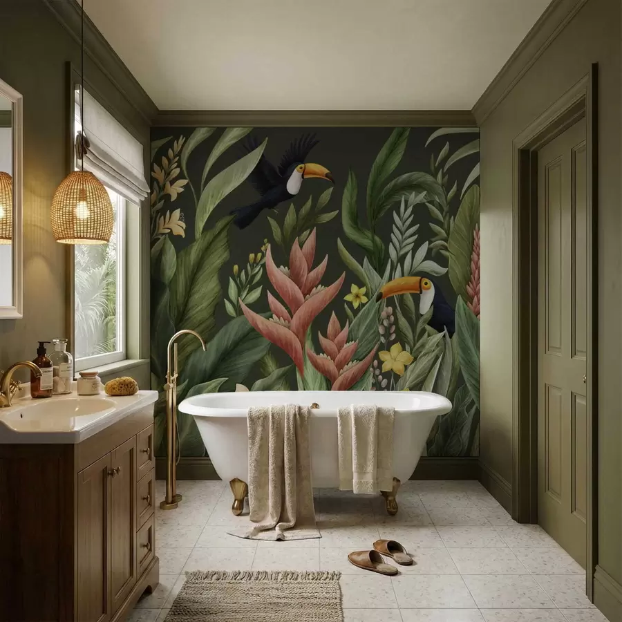 Шпалери Тропічна рослинність і птахи з великими дзьобами на темному тлі w05088