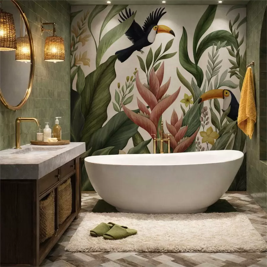 Шпалери Тропічні рослини та птахи з великими дзьобами на світлому тлі w05088v1