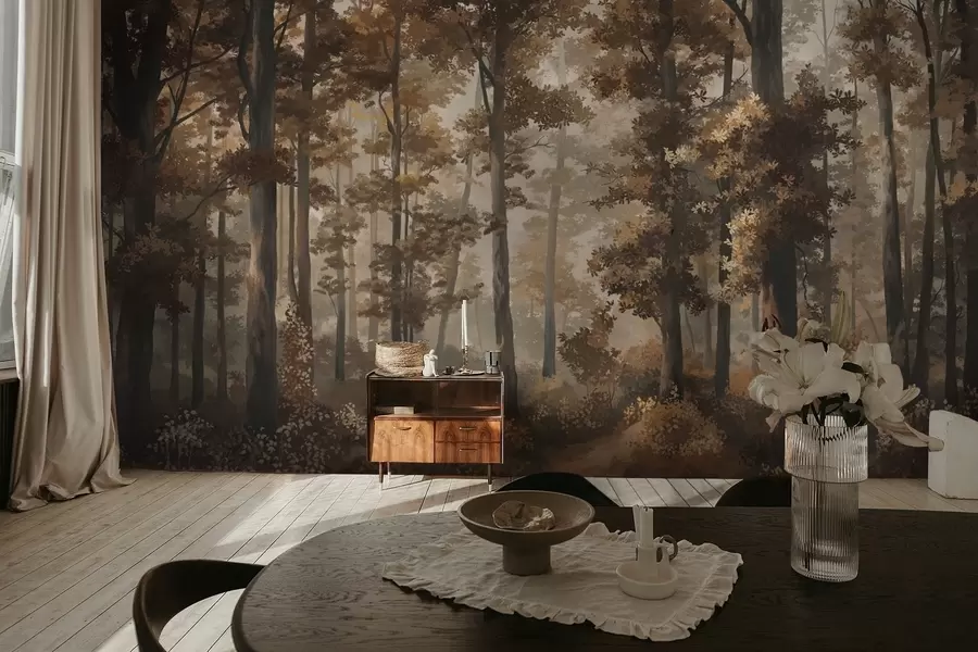 Шпалери Осіння лісова сцена з теплим світлом і густими деревами w05089v1