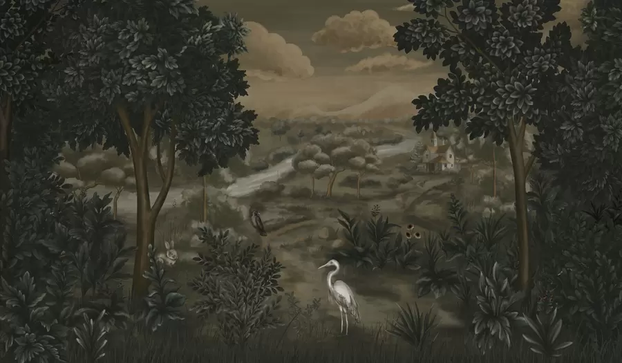 Шпалери Фантазійний пейзаж з річкою, будинком і птахами серед дерев w05090