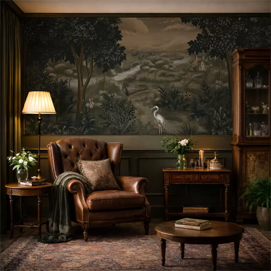 Шпалери Фантазійний пейзаж з річкою, будинком і птахами серед дерев w05090