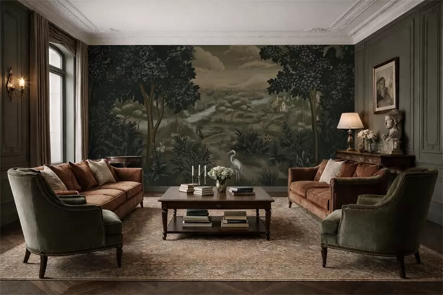 Шпалери Фантазійний пейзаж з річкою, будинком і птахами серед дерев w05090