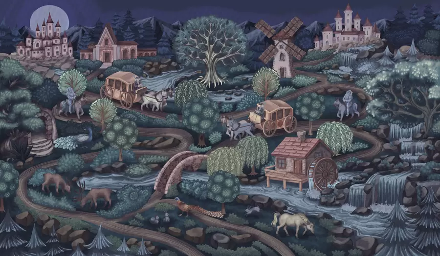 Шпалери Нічна казкова сцена із замками, млинами та лісом w05091