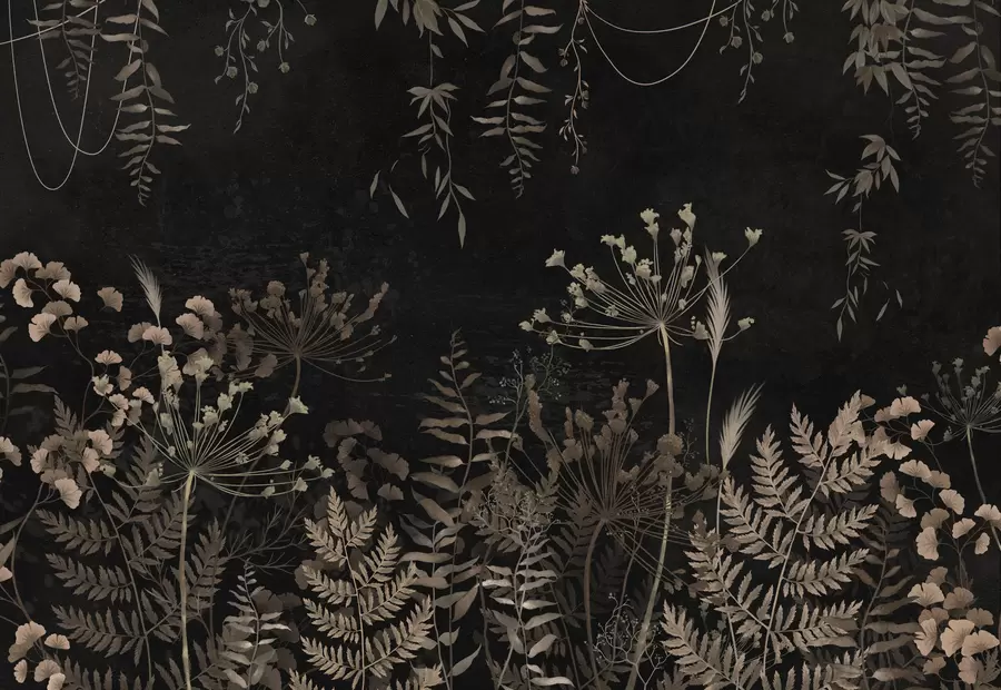 Шпалери Темний рослинний візерунок з квітами та листям w05092