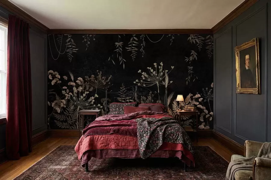 Шпалери Темний рослинний візерунок з квітами та листям w05092