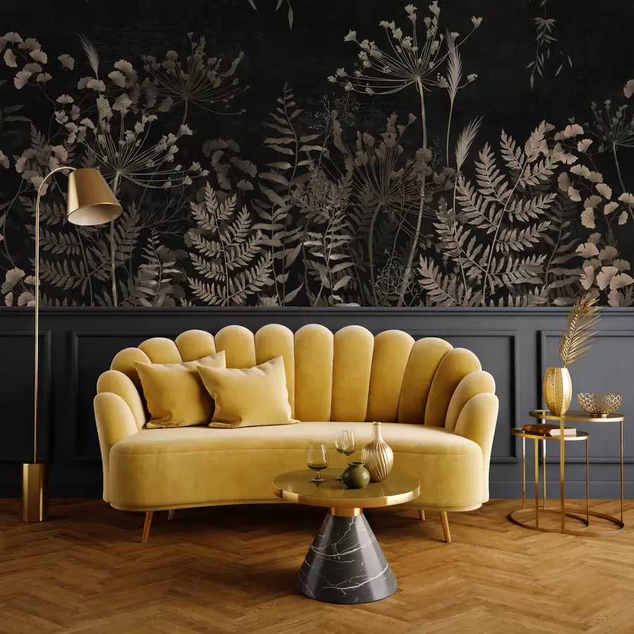 Шпалери Темний рослинний візерунок з квітами та листям w05092