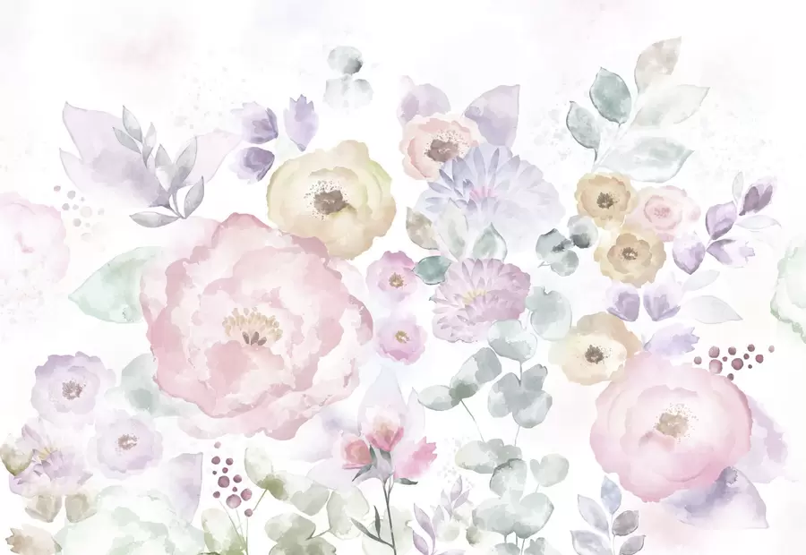 Шпалери М'яка акварельна композиція з квітами та листям w05093