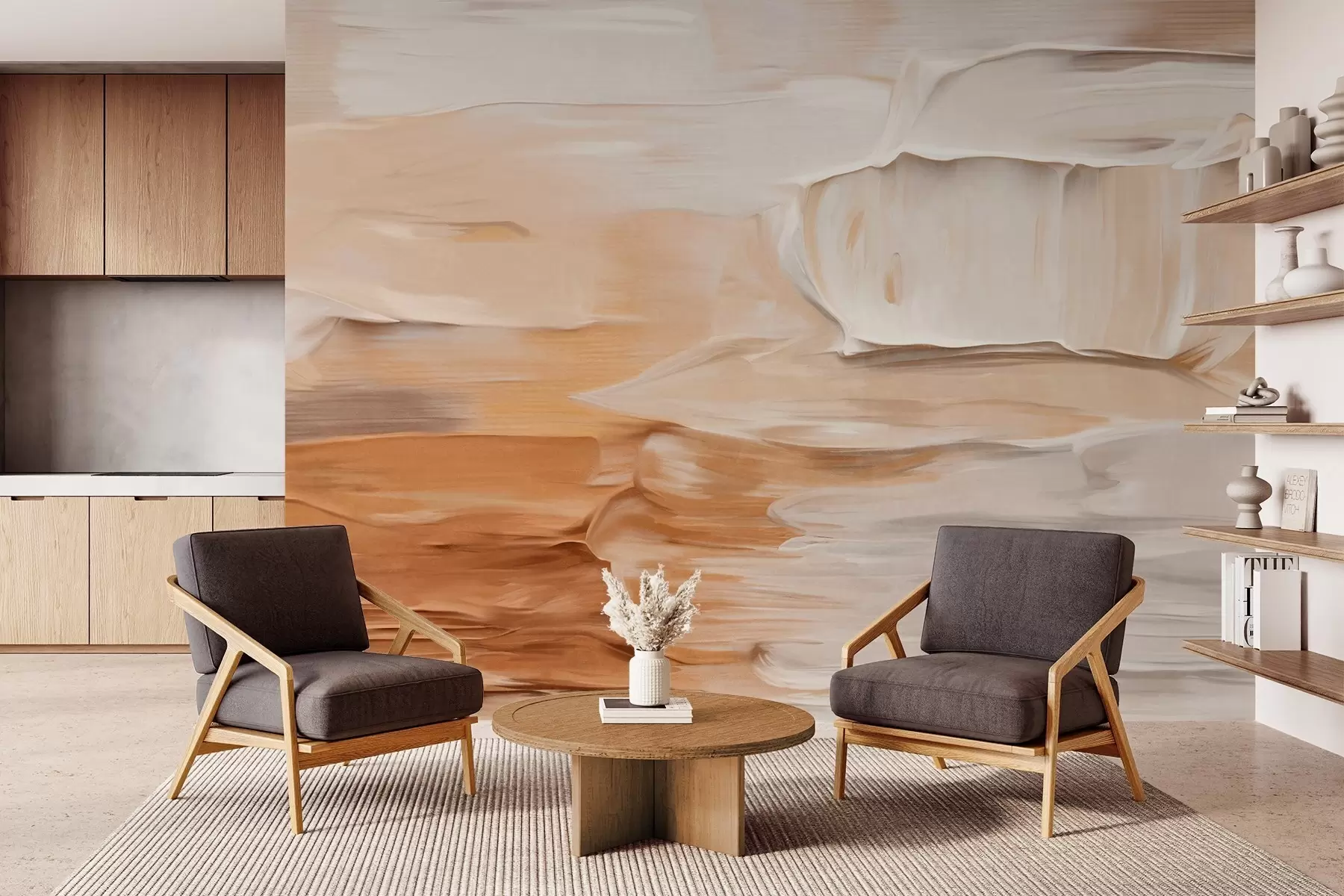 Шпалери Абстрактні текстурні мазки пензлем в теплих землистих тонах бежевого, кремового та коричневого, сучасне мистецтво w09588