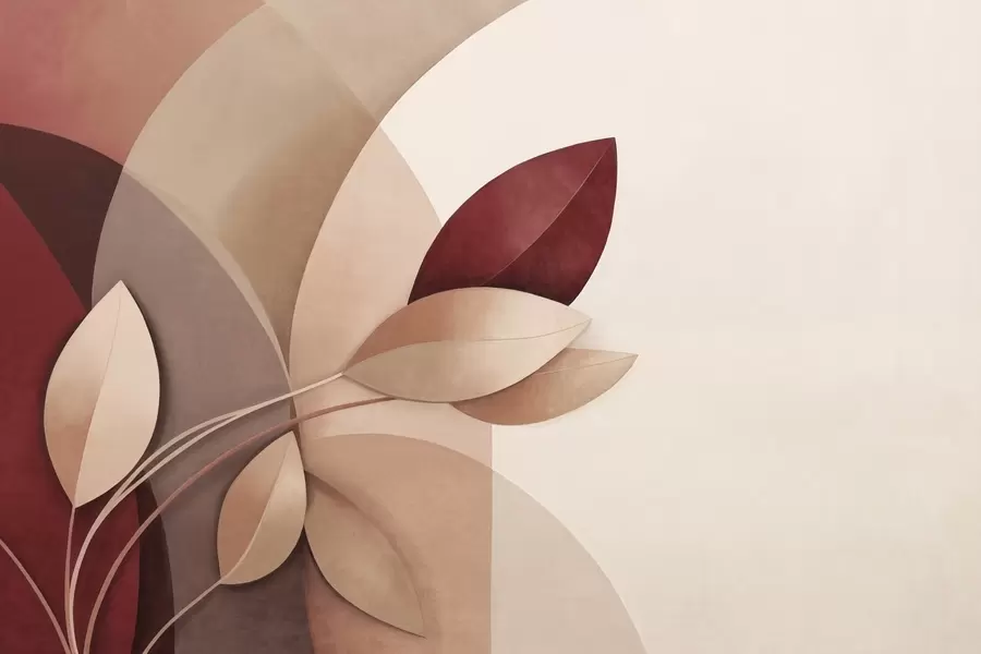 Шпалери Абстрактна текстурована гілка з листям у відтінках коричневого, бежевого та червоного на тлі абстрактних форм w09618