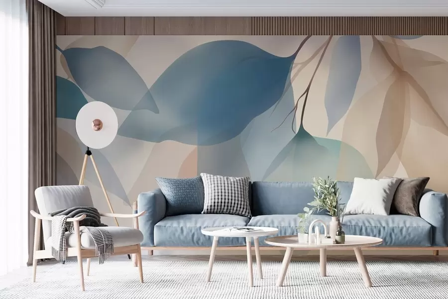 Шпалери елегантне напівпрозоре листя в відтінках синього та бежевого кольорів w05060