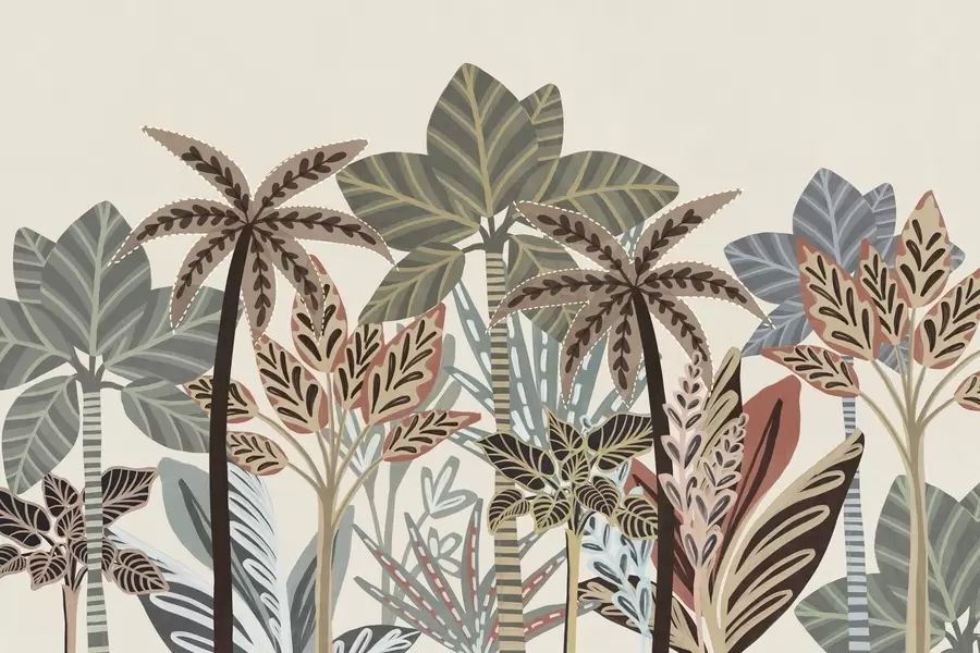 Шпалери Текстуровані тропічні рослини та пальми приглушених кольорів у декоративному стилі бохо на кремовому тлі w09639