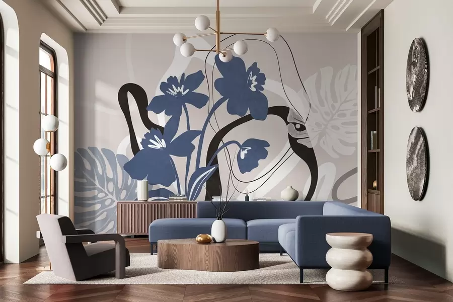 Шпалери Абстрактні текстуровані блакитні квіти з білими та чорними фігурами на світло-бежевому тлі, мінімалістичне мистецтво w09645