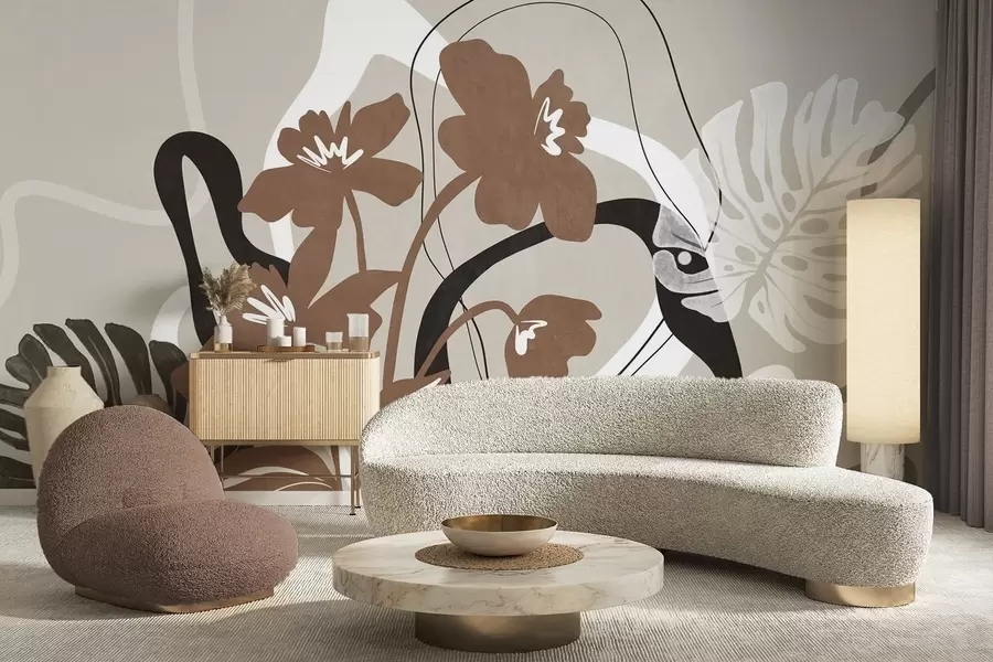 Шпалери Абстрактні текстуровані коричневі квіти з білими та чорними фігурами на бежевому тлі, мінімалістичне мистецтво w09645v1