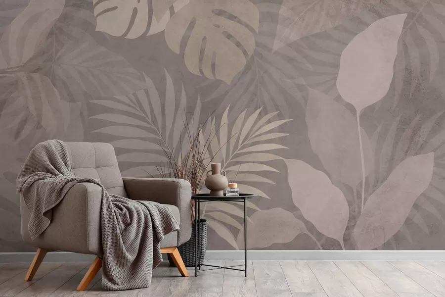Шпалери текстуровані тропічні листя на сірому тлі w05063v1