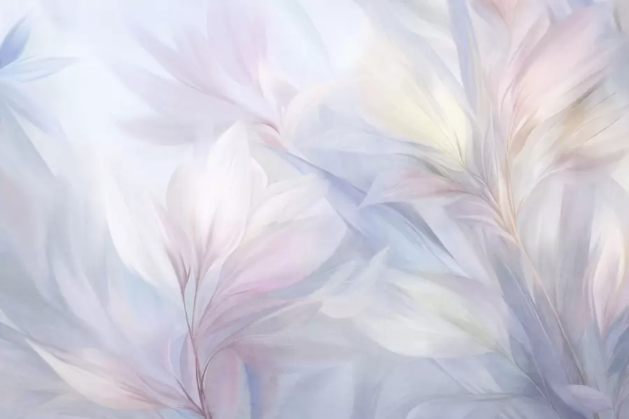 Шпалери М'які листя та пір'я пастельних кольорів у відтінках рожевого, блакитного та жовтого, абстрактний та фактурний принт w09634