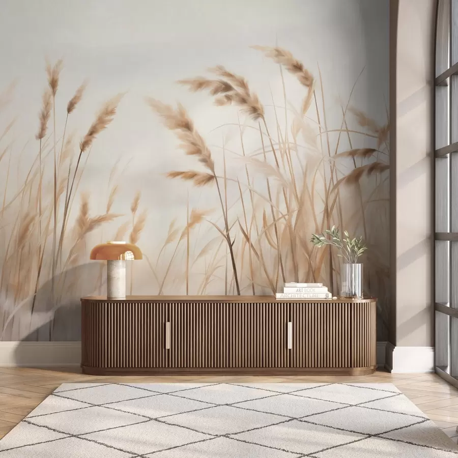 Шпалери Висока, текстурована суха трава з колосками пшениці на полі на тлі м'якого, блідого фону w09648