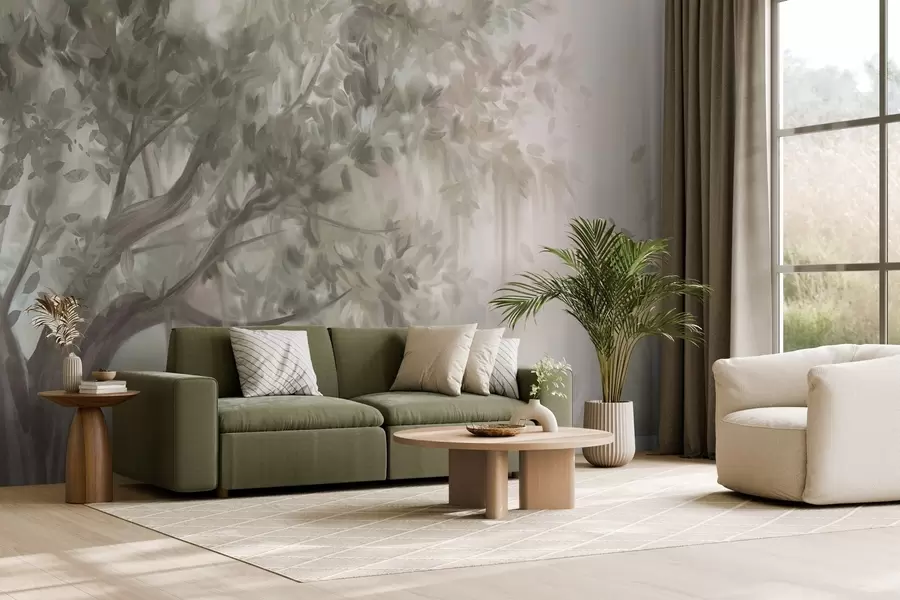 Шпалери Текстуроване дерево з світло-зеленим листям і гілками, з м'яким, розмитим фоном w09650