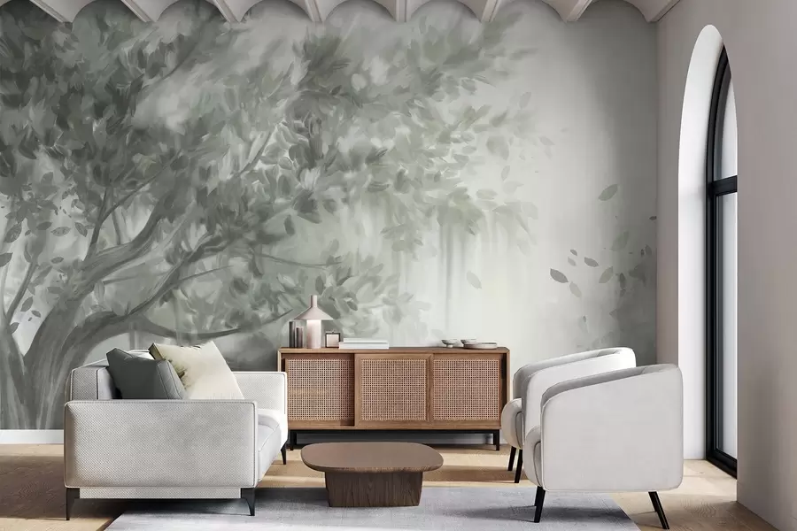 Шпалери Текстуроване дерево із зеленим листям і гілками, з м'яким, розмитим фоном w09650v1