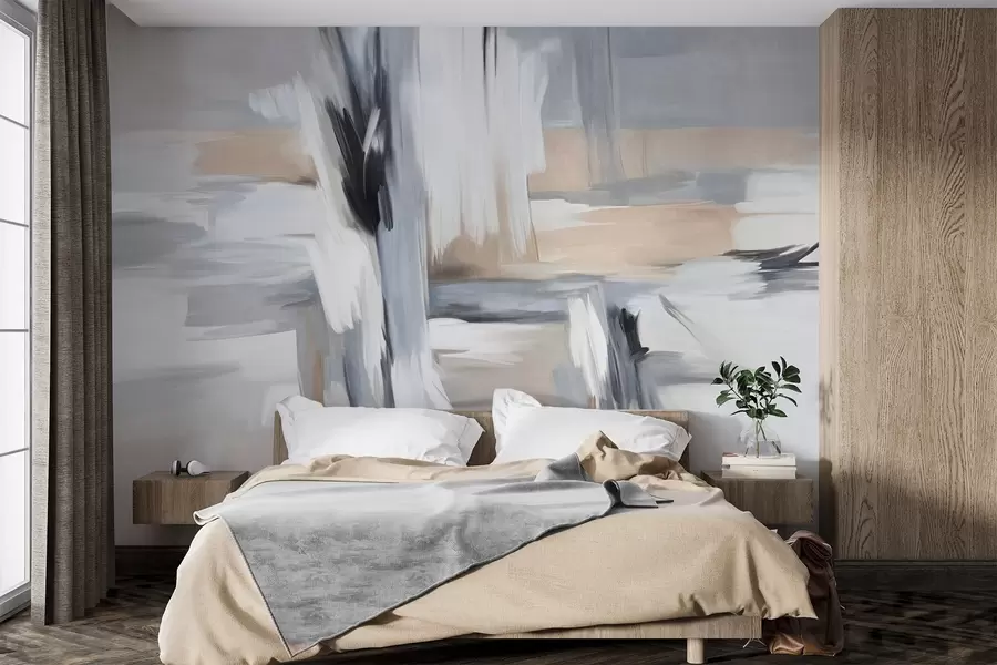 Шпалери Абстрактний текстурний стиль живопису з мазками в відтінках білого, сірого та бежевого кольорів w09651