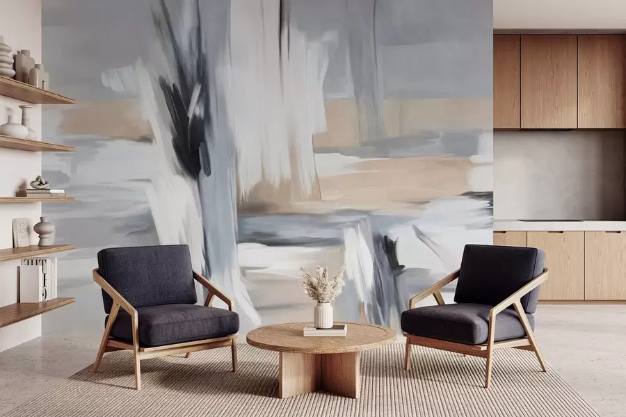 Шпалери Абстрактний текстурний стиль живопису з мазками в відтінках білого, сірого та бежевого кольорів w09651