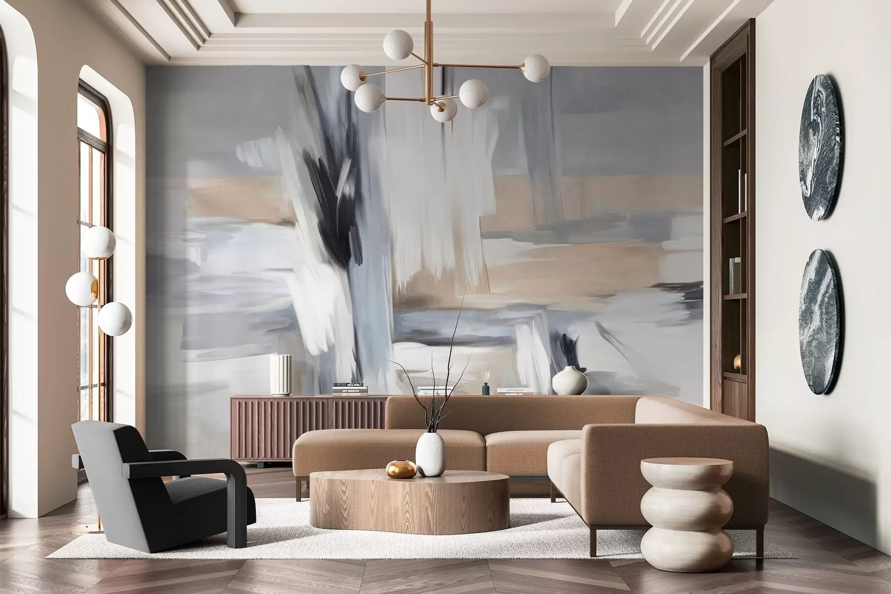 Шпалери Абстрактний текстурний стиль живопису з мазками в відтінках білого, сірого та бежевого кольорів w09651