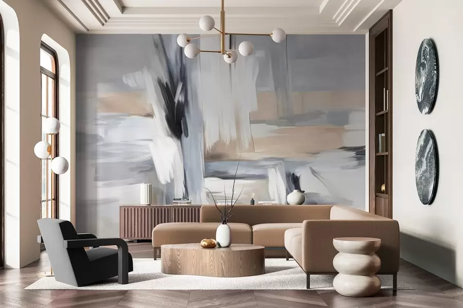 Шпалери Абстрактний текстурний стиль живопису з мазками в відтінках білого, сірого та бежевого кольорів w09651