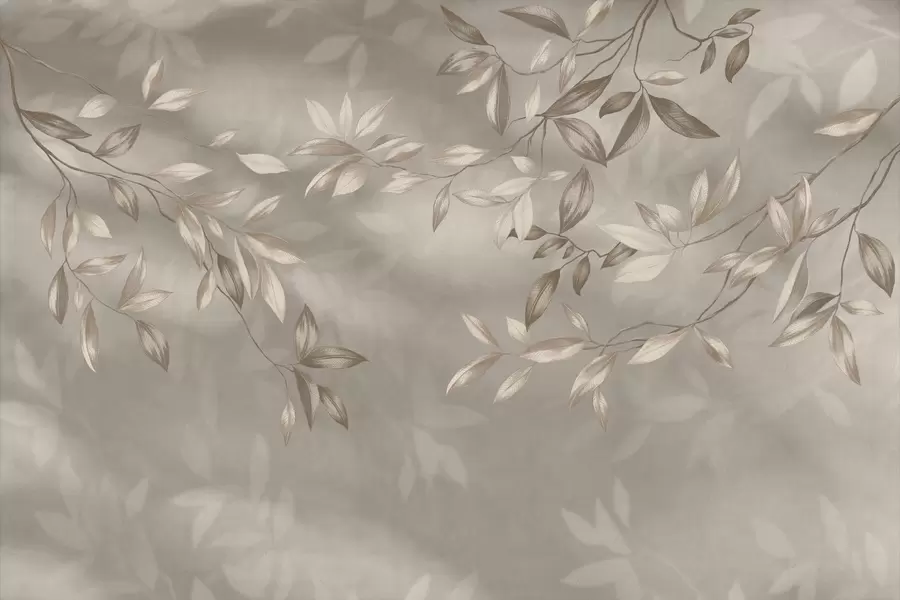 Шпалери Елегантні листяні гілки в бежевих відтінках на світлому тлі w05113
