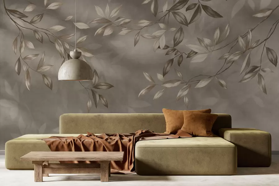 Шпалери Делікатні листяні гілки в бежевих тонах на світлому тлі w05113v2