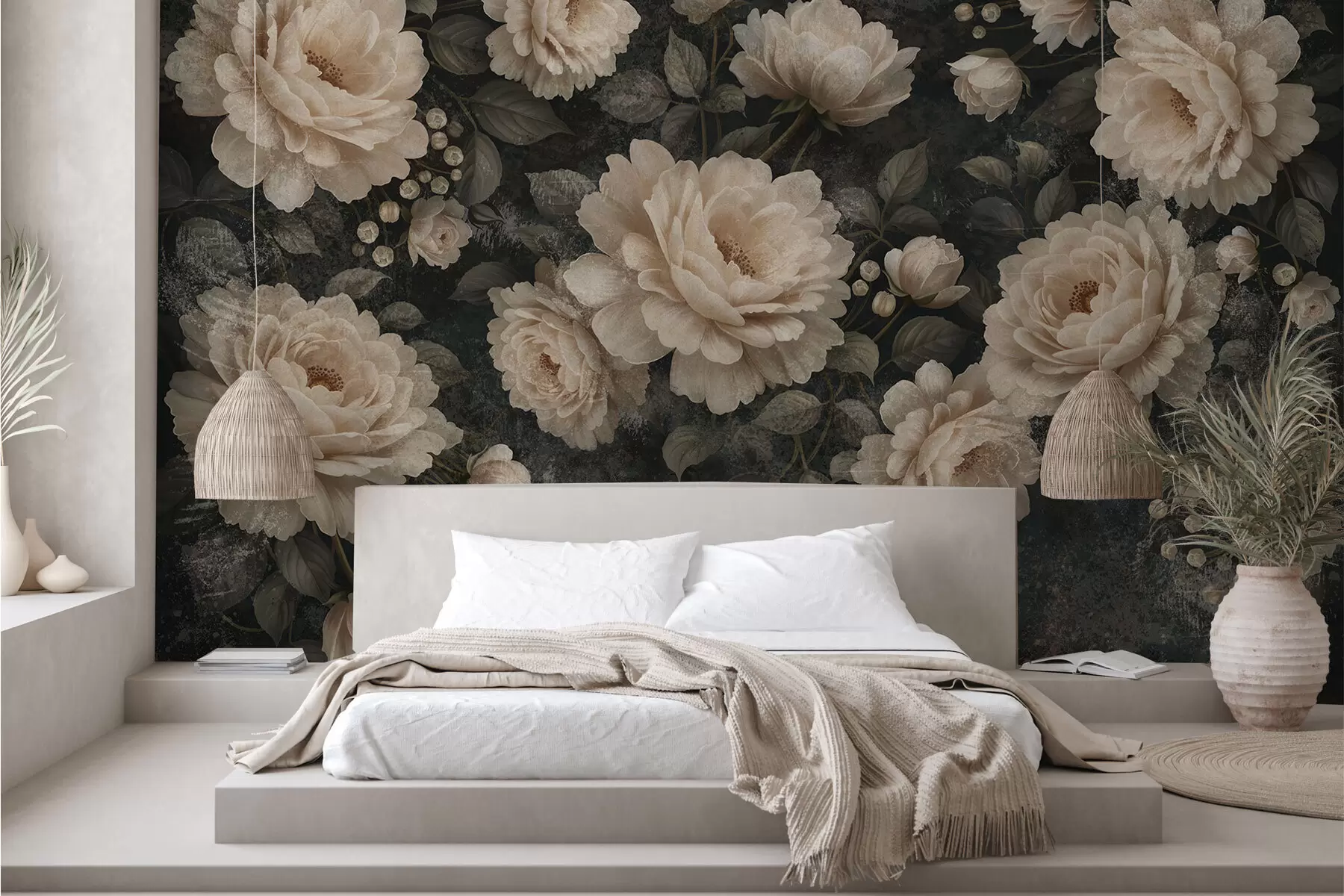 Шпалери Об'ємні квіти в бежевій гамі на темному тлі w05114