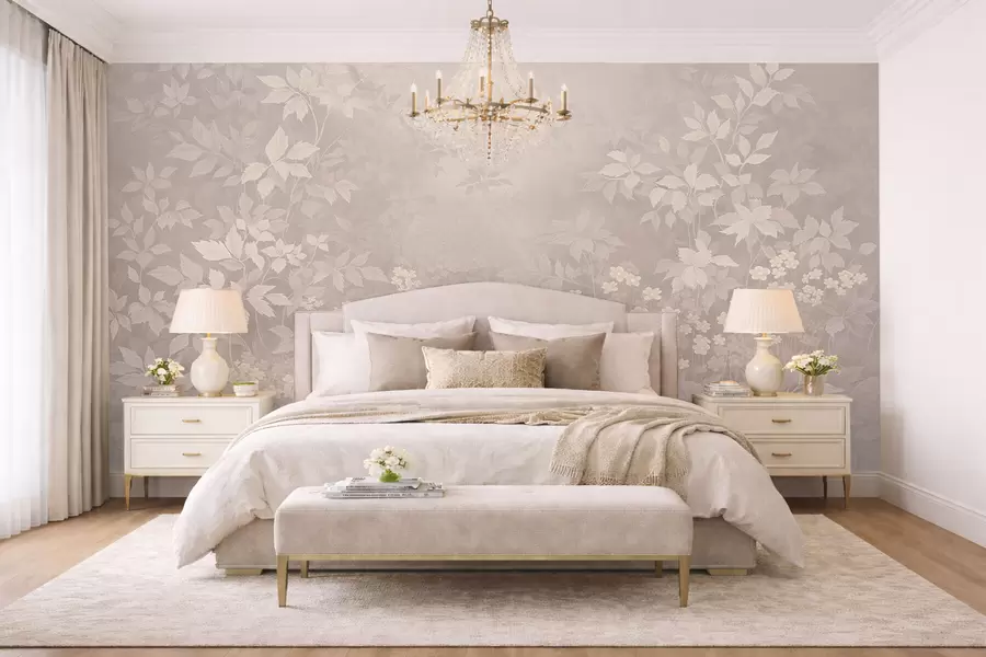 Шпалери Легкий рослинний орнамент з листям і дрібними квітами w05115