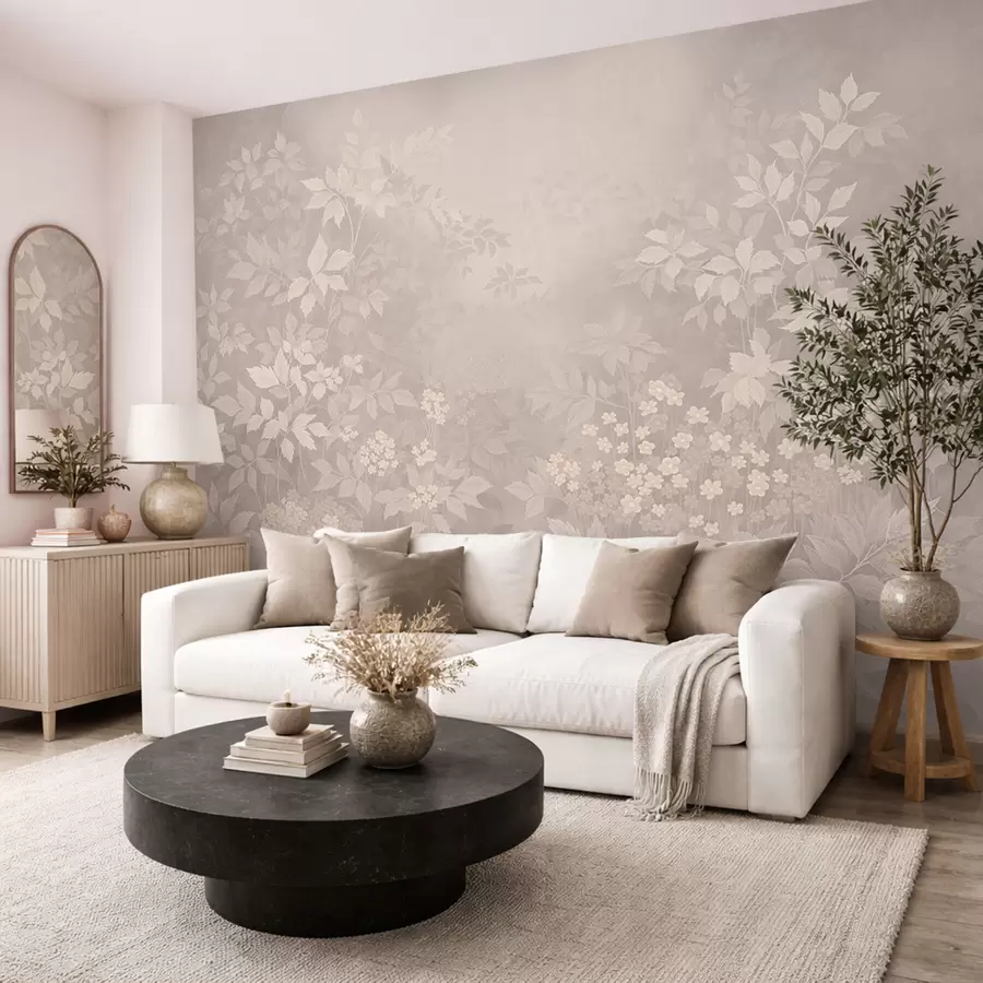 Шпалери Легкий рослинний орнамент з листям і дрібними квітами w05115