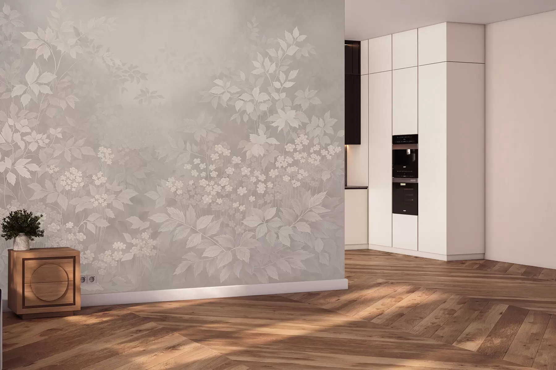 Шпалери Легкий рослинний орнамент з листям і дрібними квітами w05115