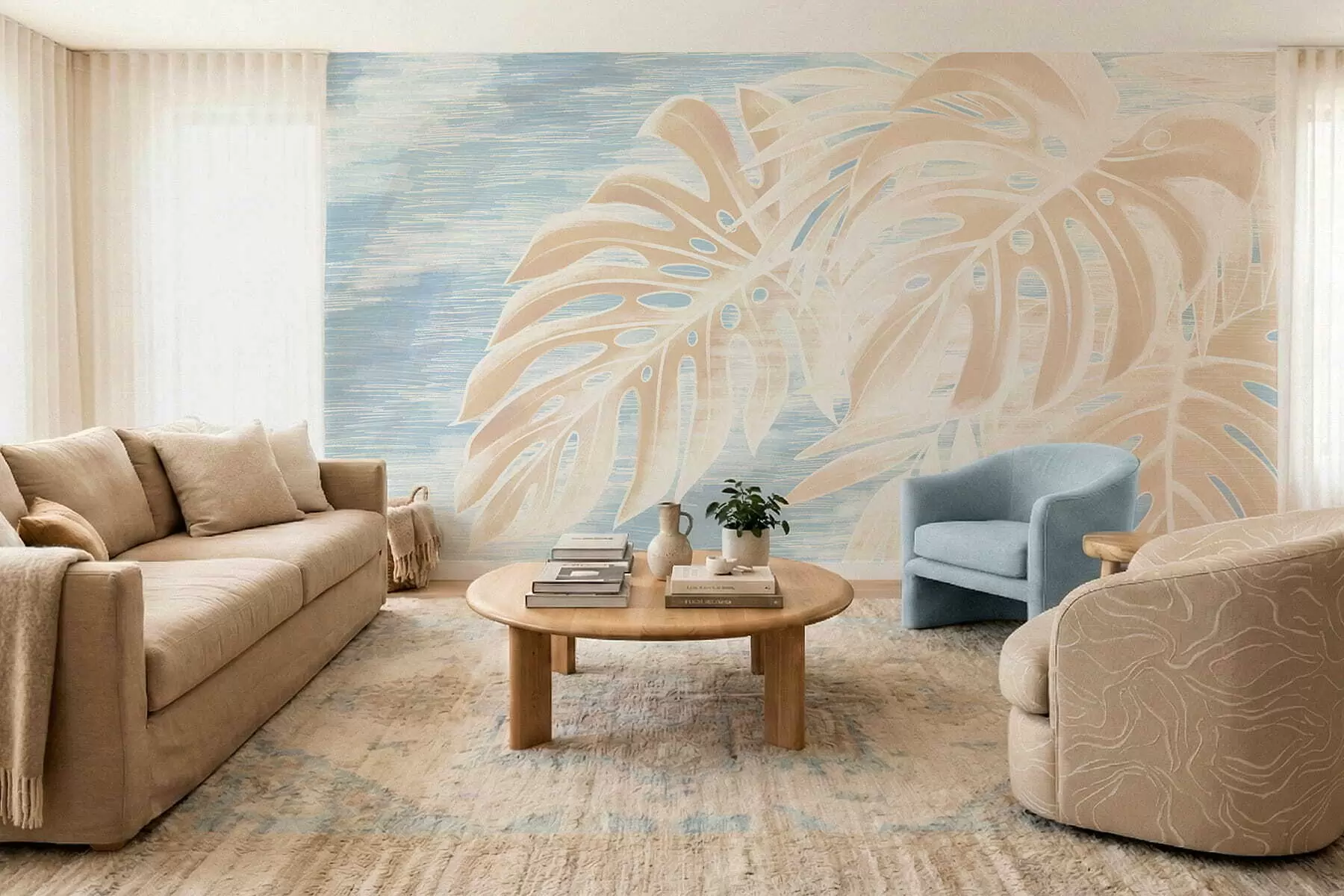 Шпалери Абстрактні листя в теплих бежевих тонах на світлому тлі w05130