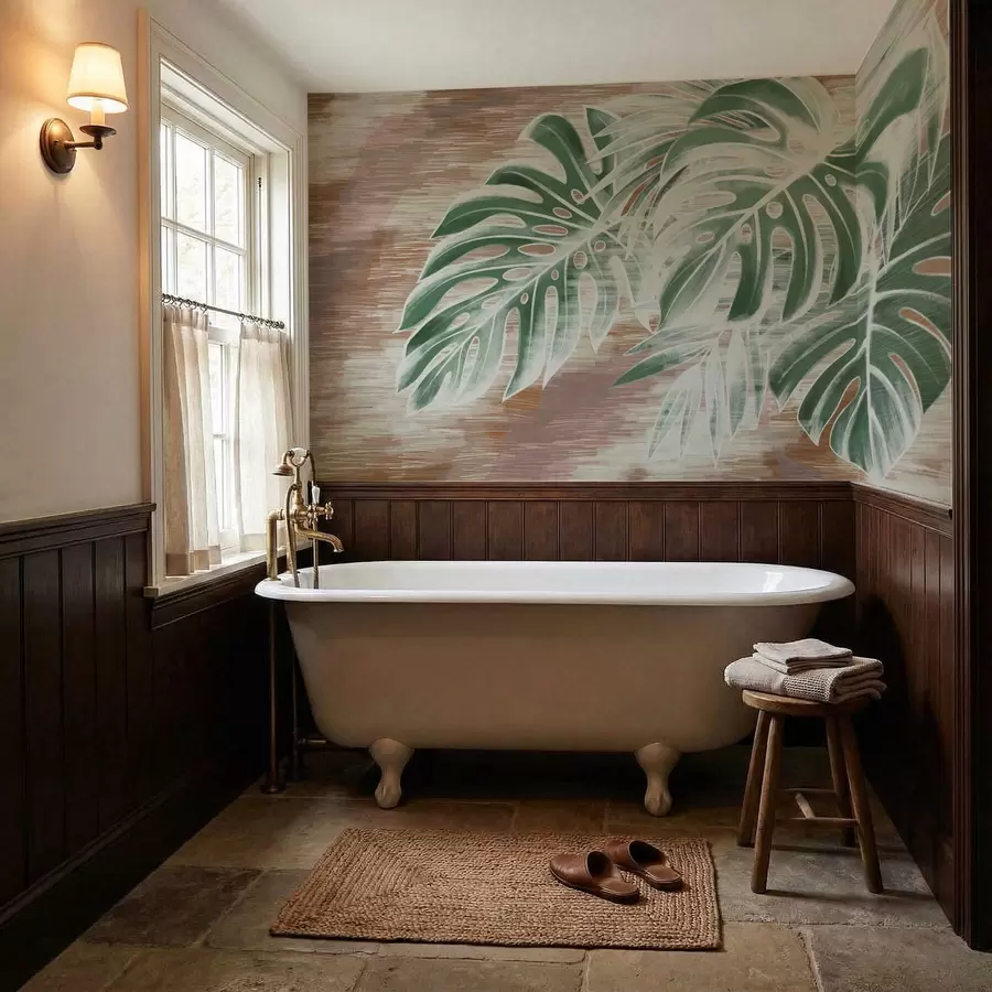 Шпалери Зелене листя на теплій фактурній абстрактній основі w05130v3