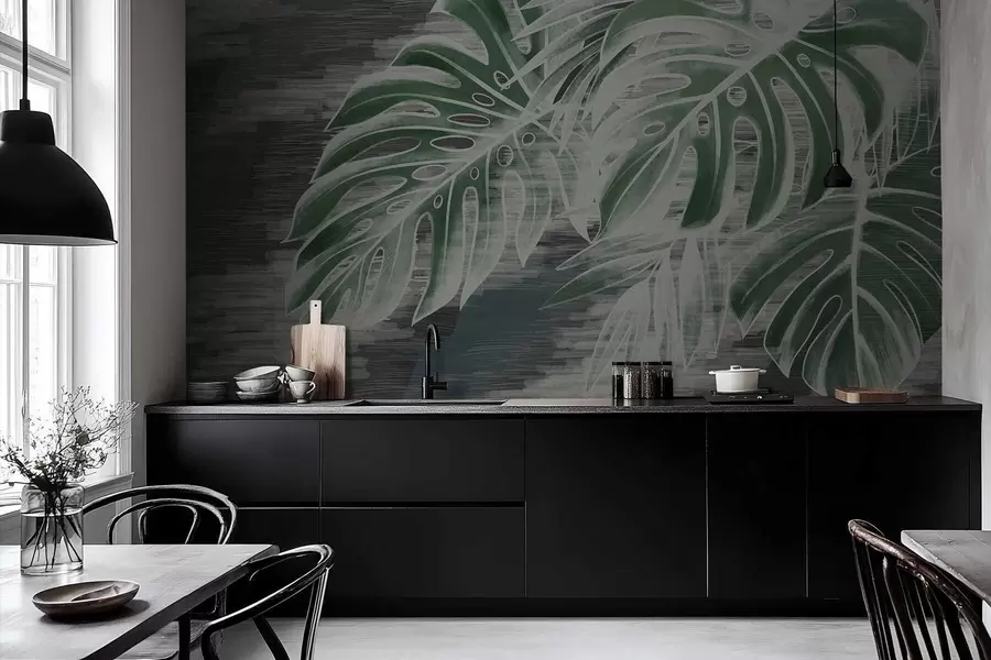 Шпалери Темно-зелене листя на текстурованому темному тлі w05130v4