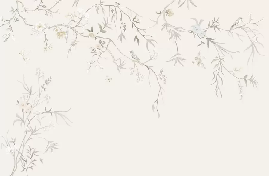 Шпалери Ніжні квіти та птахи на крейдяному тлі w05127