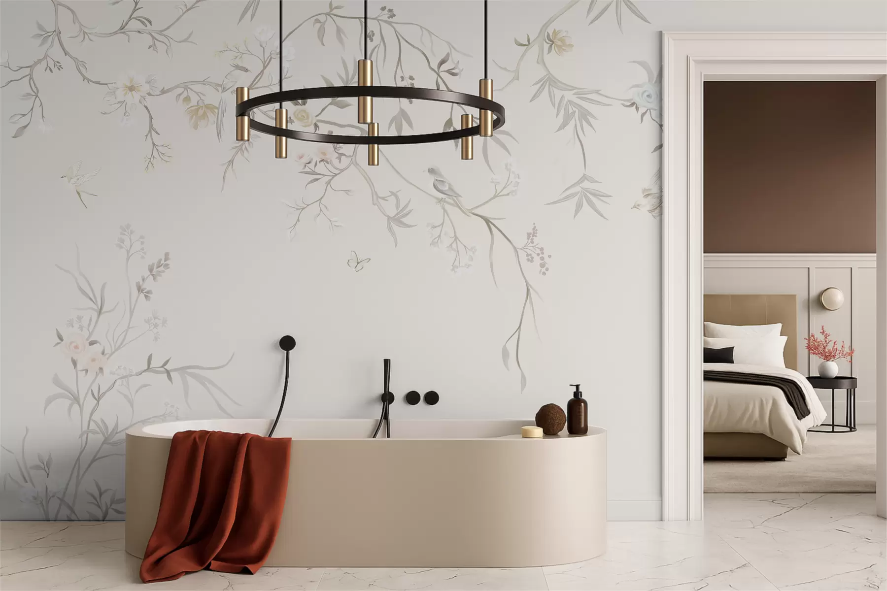 Шпалери Ніжні квіти та птахи на крейдяному тлі w05127