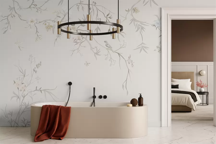 Шпалери Ніжні квіти та птахи на крейдяному тлі w05127