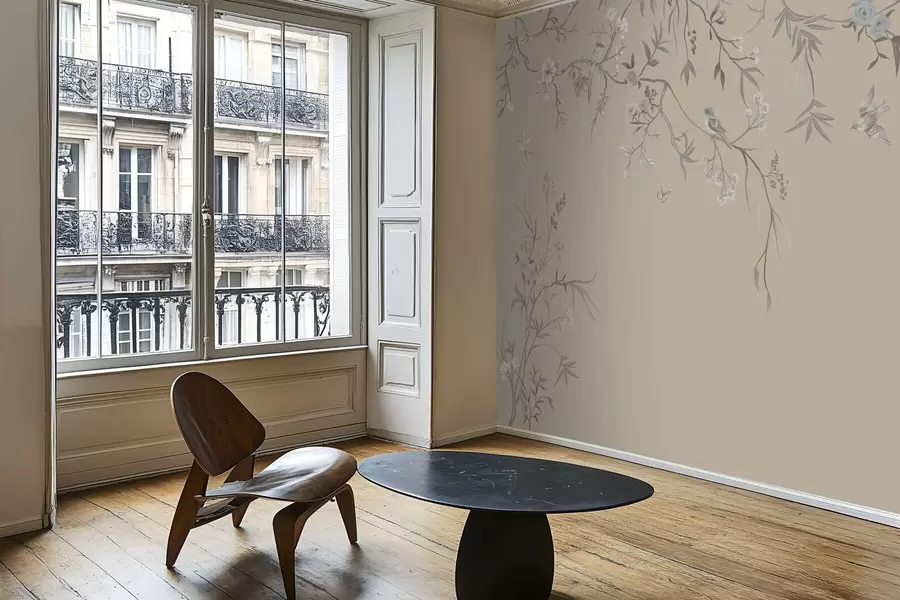 Шпалери Квіткові гілки з птахами на теплому бежевому тлі w05127v1