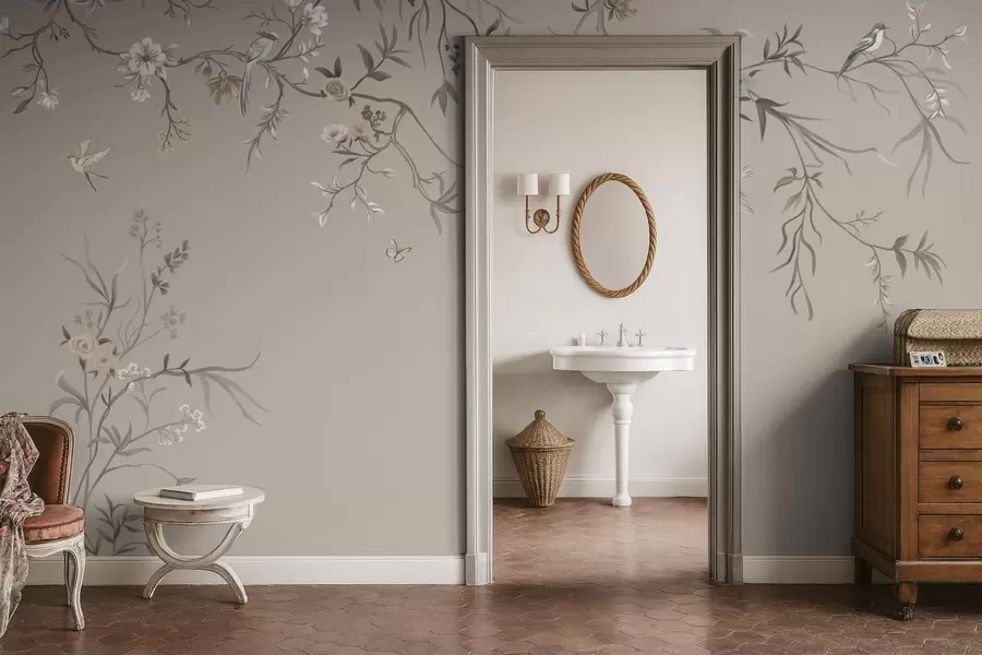 Шпалери Квітковий орнамент з птахами на нейтральному тлі w05127v3