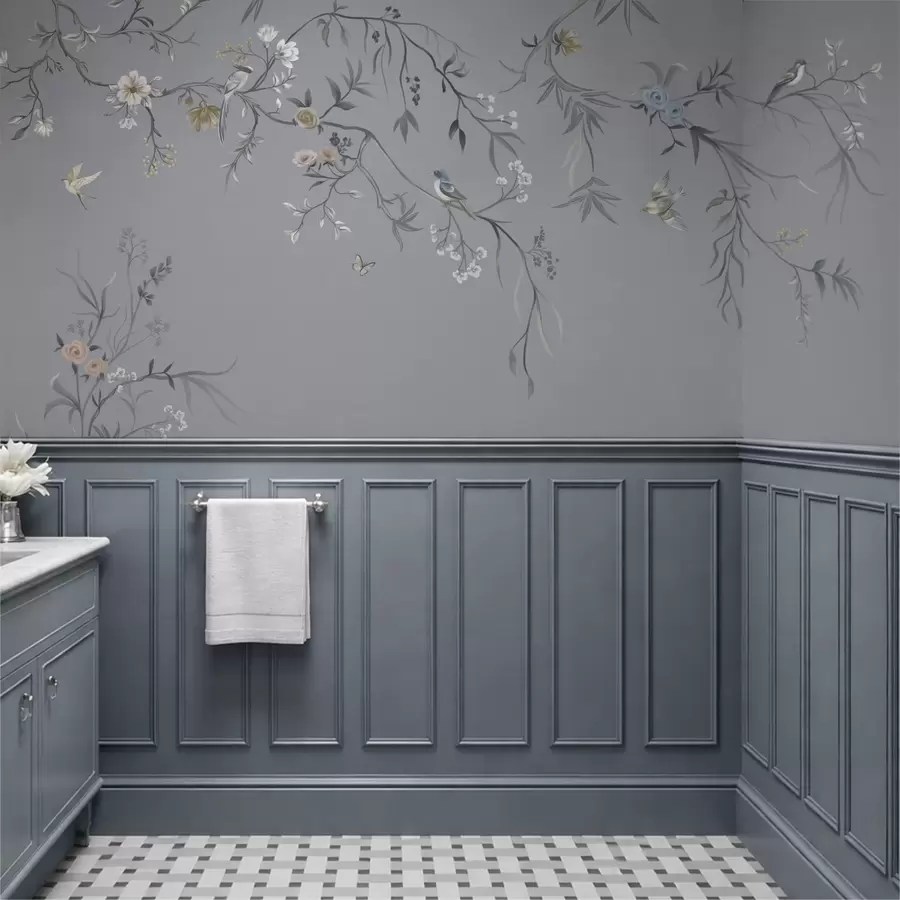 Шпалери Квіткові гілки з птахами на зеленому тлі w05127v5