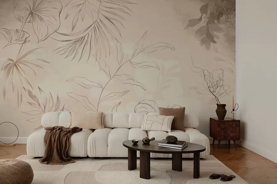 Шпалери Лінійні рослини на фактурному бежевому тлі w05128