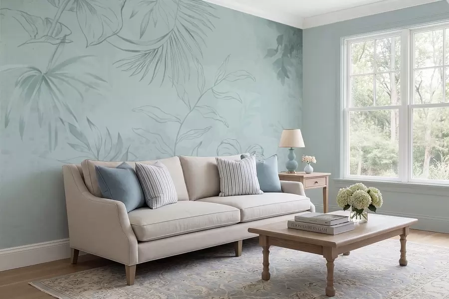 Шпалери Лінійні рослини на м'якому зеленуватому тлі w05128v1