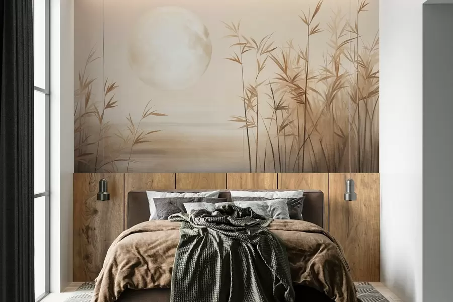 Шпалери Текстурований пейзаж з високим очеретом, озером і блідим місяцем на туманному небі w09631