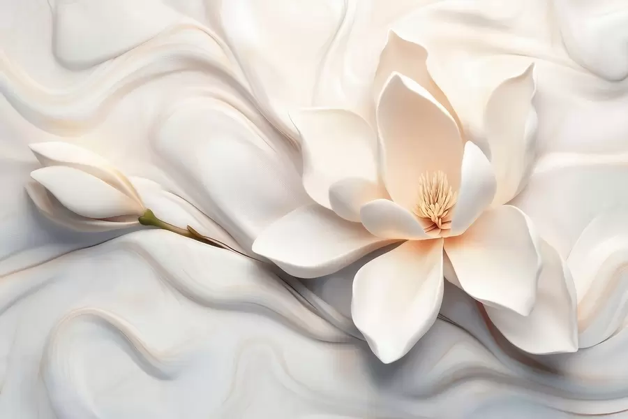 Шпалери Тривимірна біла магнолія з імітацією мармурової текстури в рельєфі w09729