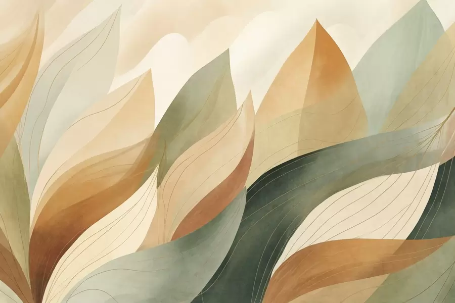 Шпалери Абстрактні листя, приглушені землисті відтінки зеленого, помаранчевого з ніжними лінійними деталями, м'яка акварельна текстура w09736