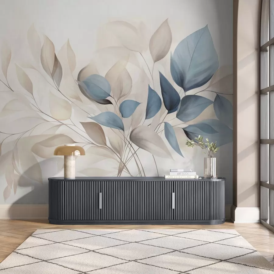 Шпалери Абстрактні напівпрозорі листя в відтінках синього, бежевого та кремового кольорів, фактурне мистецтво w09744