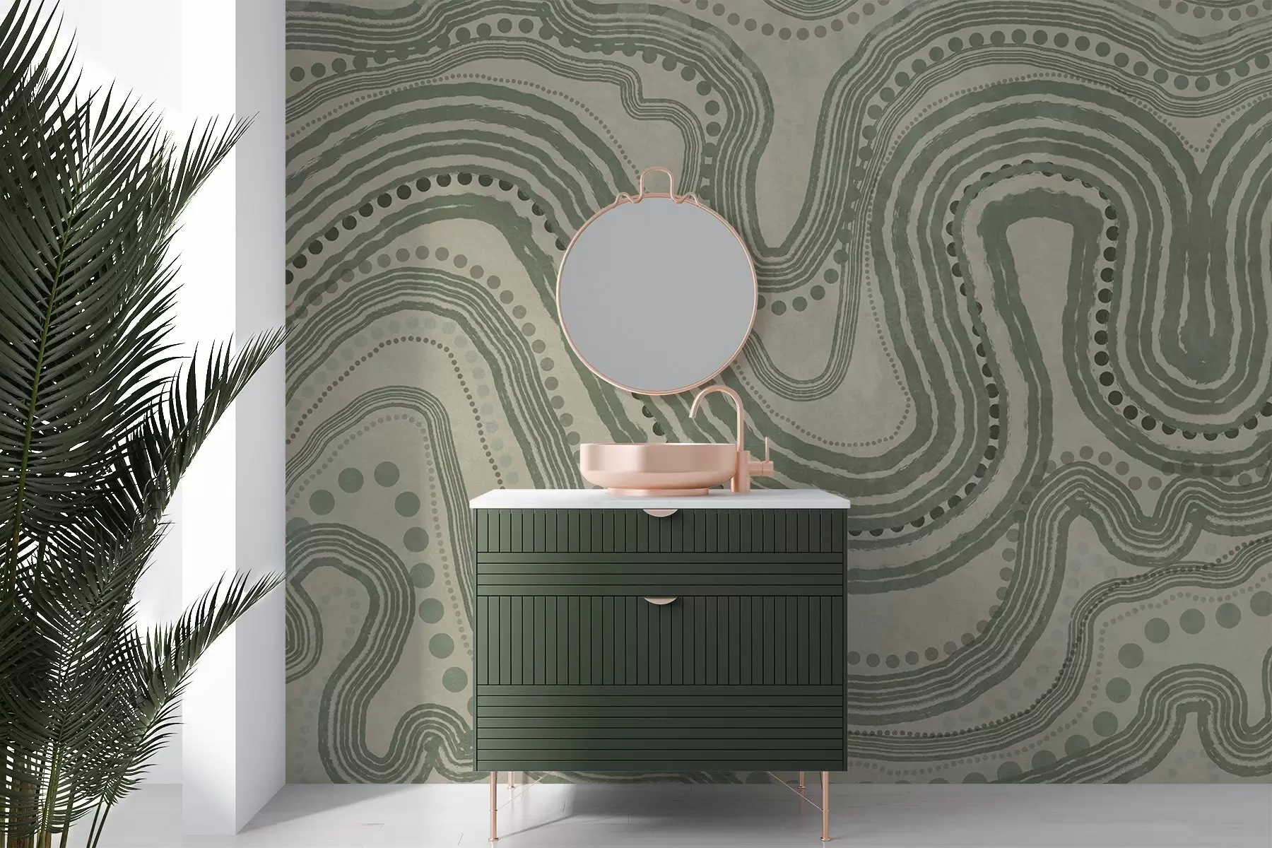 Шпалери Абстрактні зелені та бежеві хвилясті лінії та крапки, сучасне текстуроване мистецтво w09747