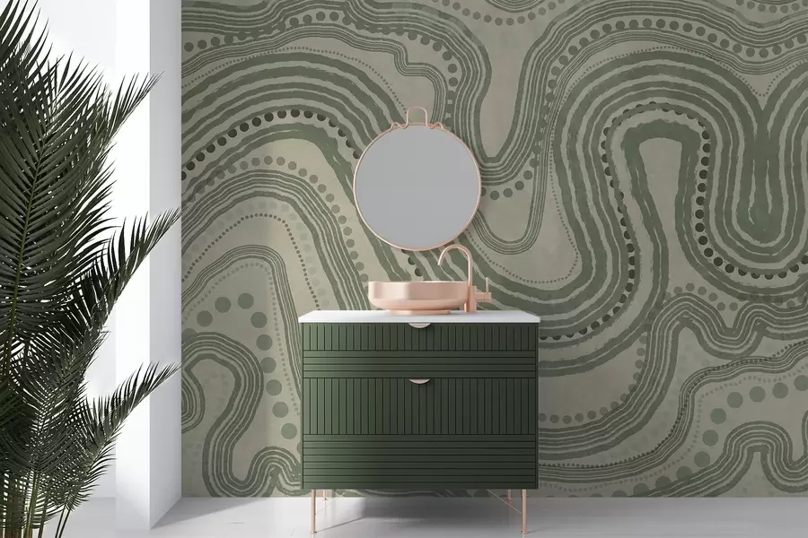 Шпалери Абстрактні зелені та бежеві хвилясті лінії та крапки, сучасне текстуроване мистецтво w09747